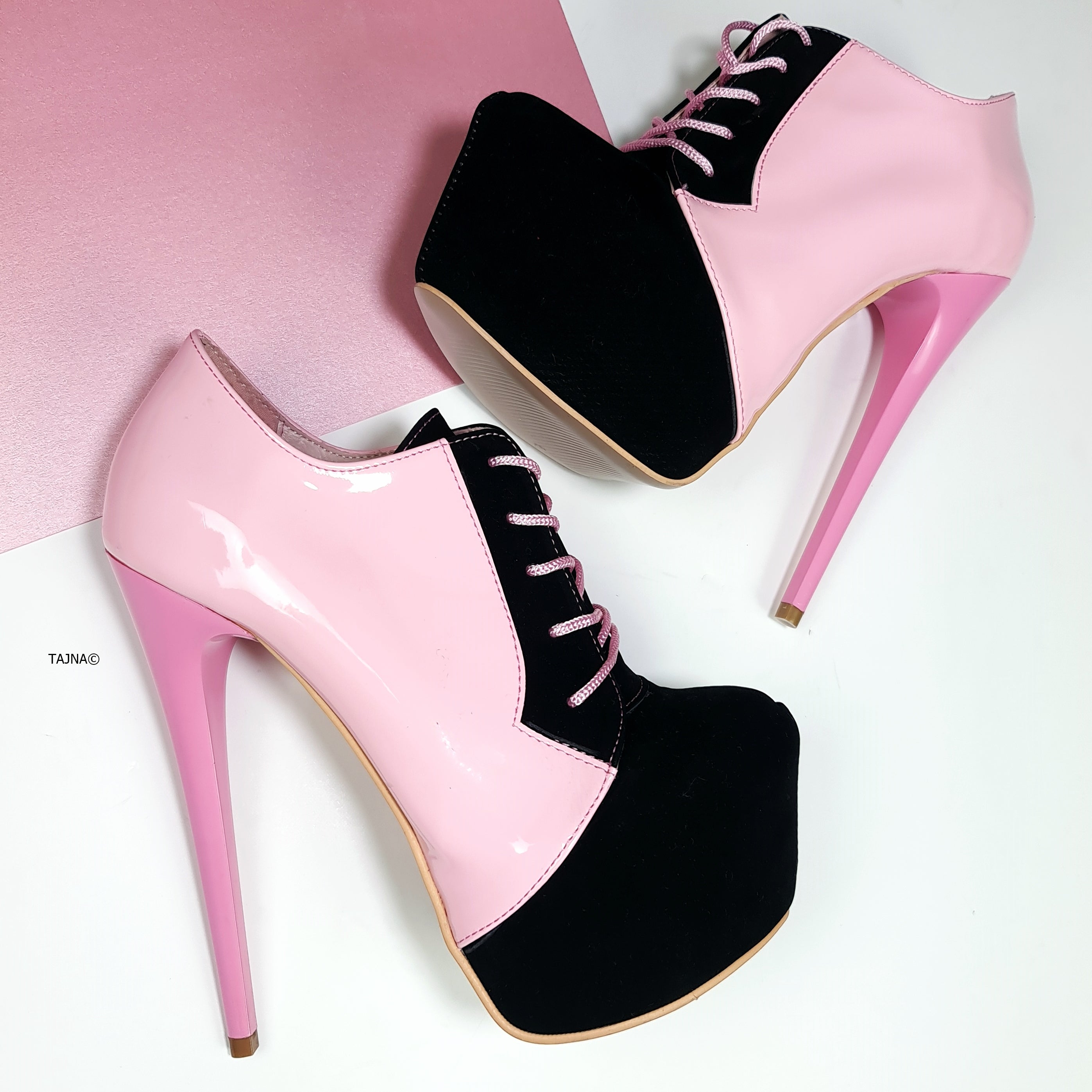 Light Pink Black Oxford Lace Up Ankle Cut Heels for sale online.