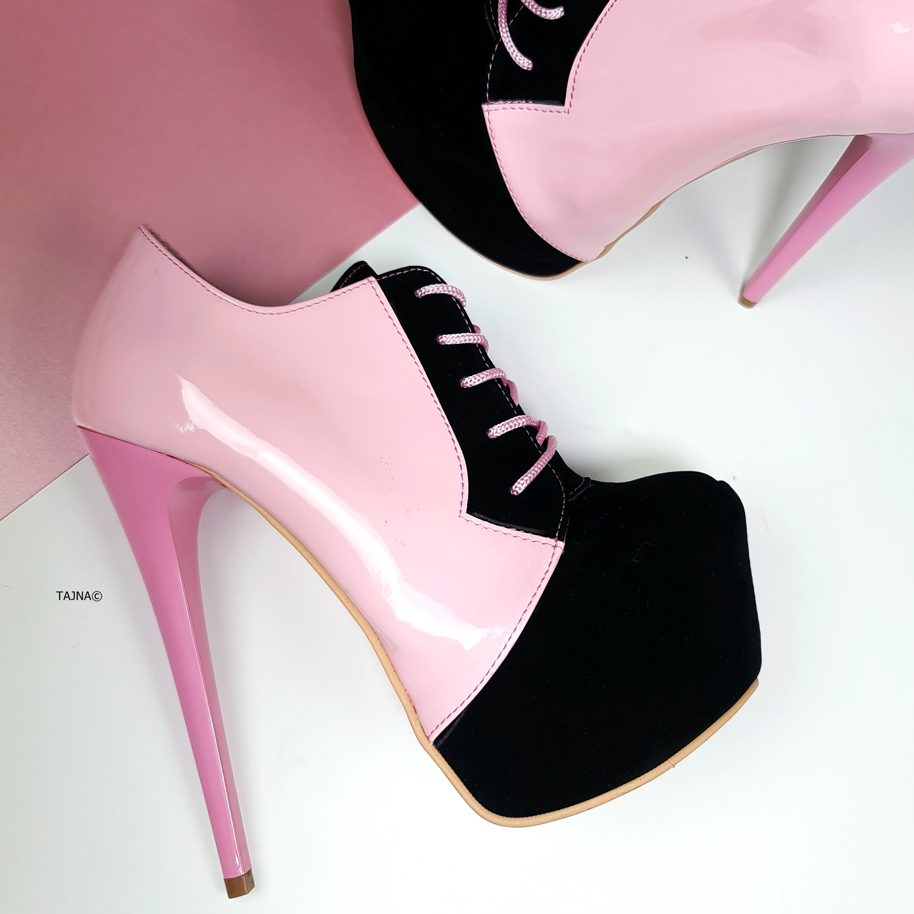 Light Pink Black Oxford Lace Up Ankle Cut Heels for sale online.