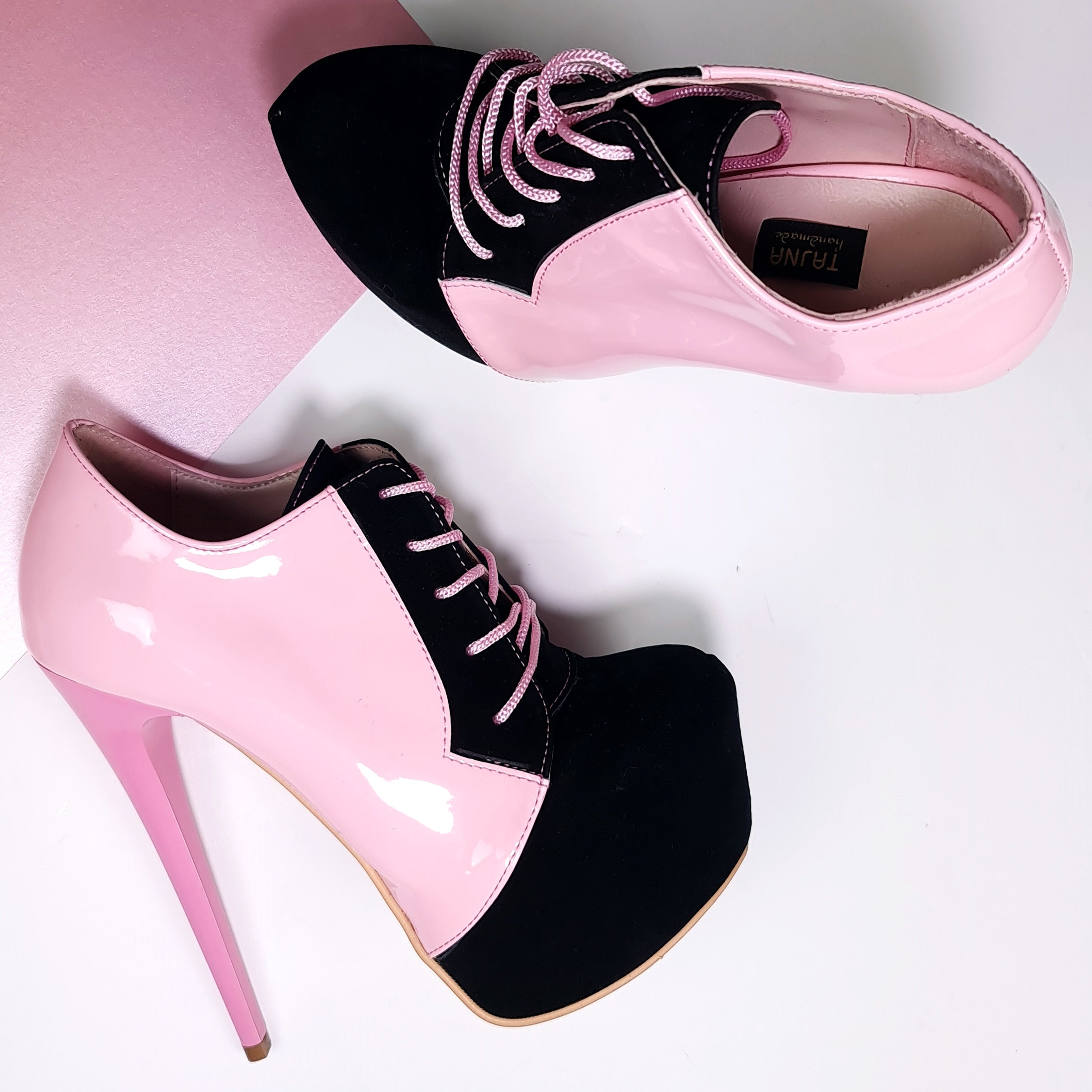 Light Pink Black Oxford Lace Up Ankle Cut Heels for sale online.