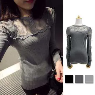 Long Sleeve Knitted Lace Autumn Winter Fashion Blouse for Women