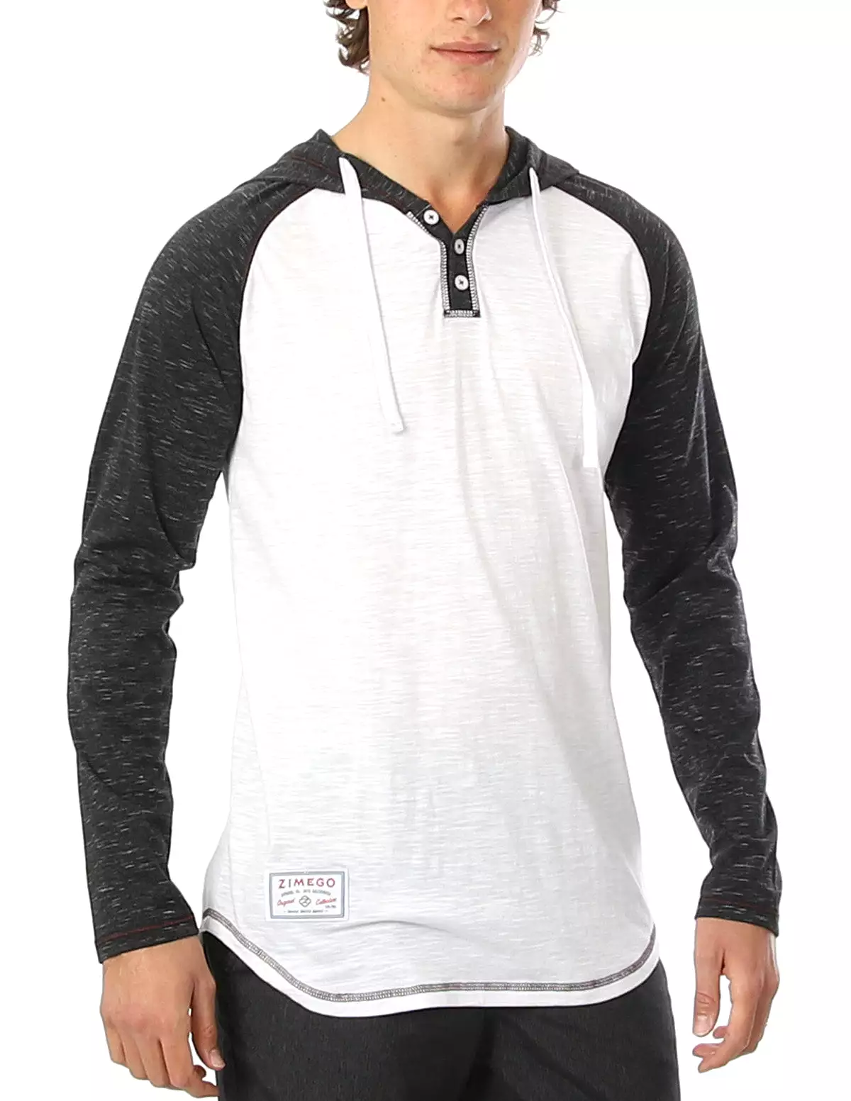 Long Sleeve Raglan Henley Round Bottom Hood White/Black T-Shirt