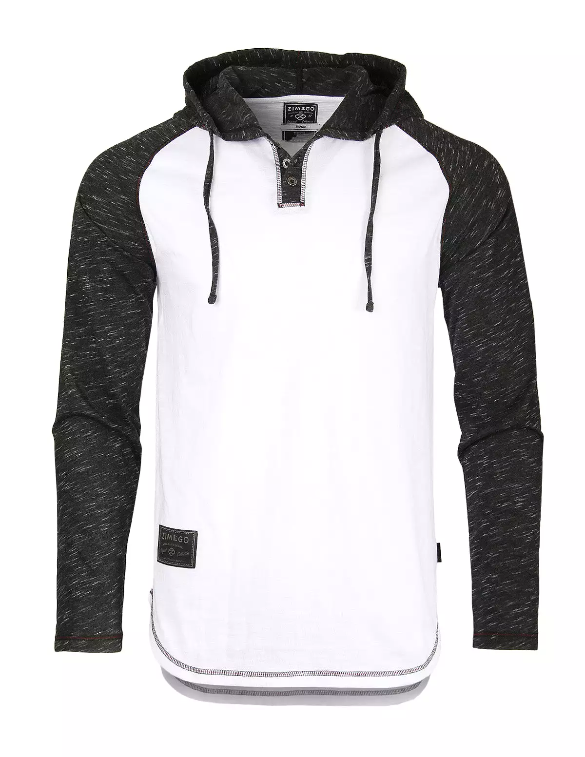 Long Sleeve Raglan Henley Round Bottom Hood White/Black T-Shirt