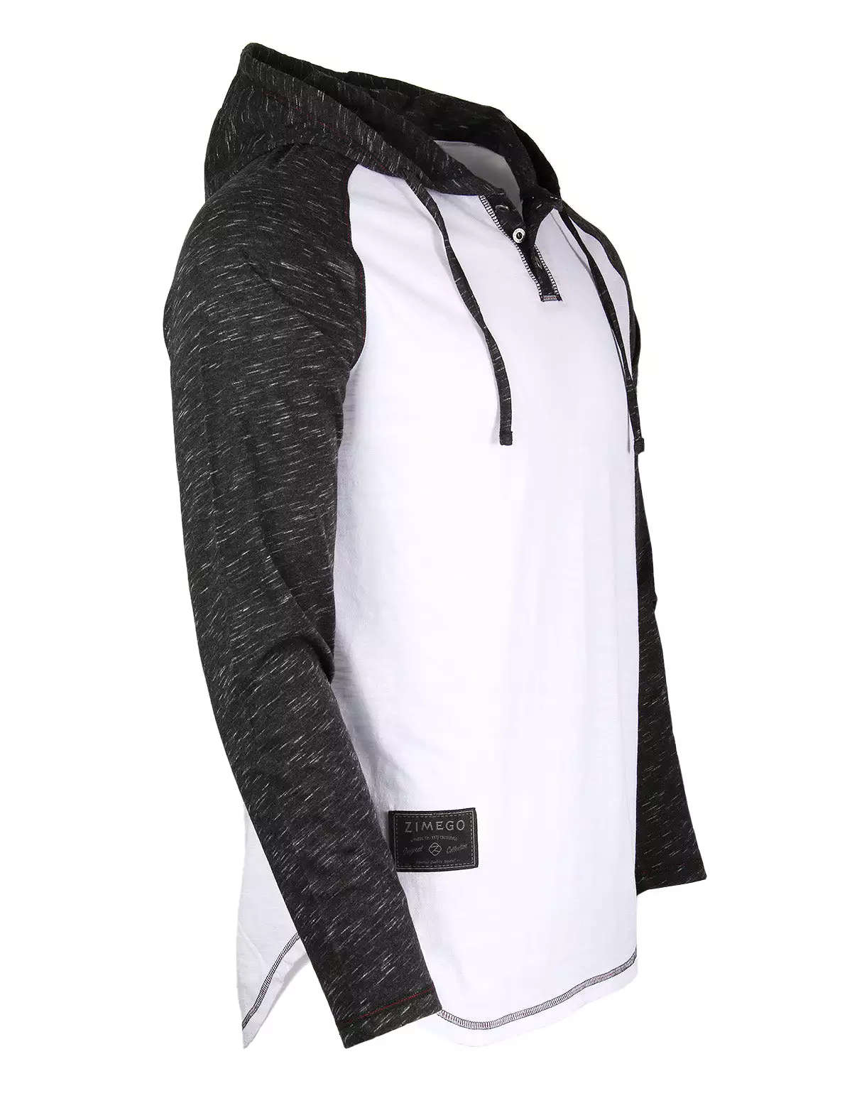 Long Sleeve Raglan Henley Round Bottom Hood White/Black T-Shirt