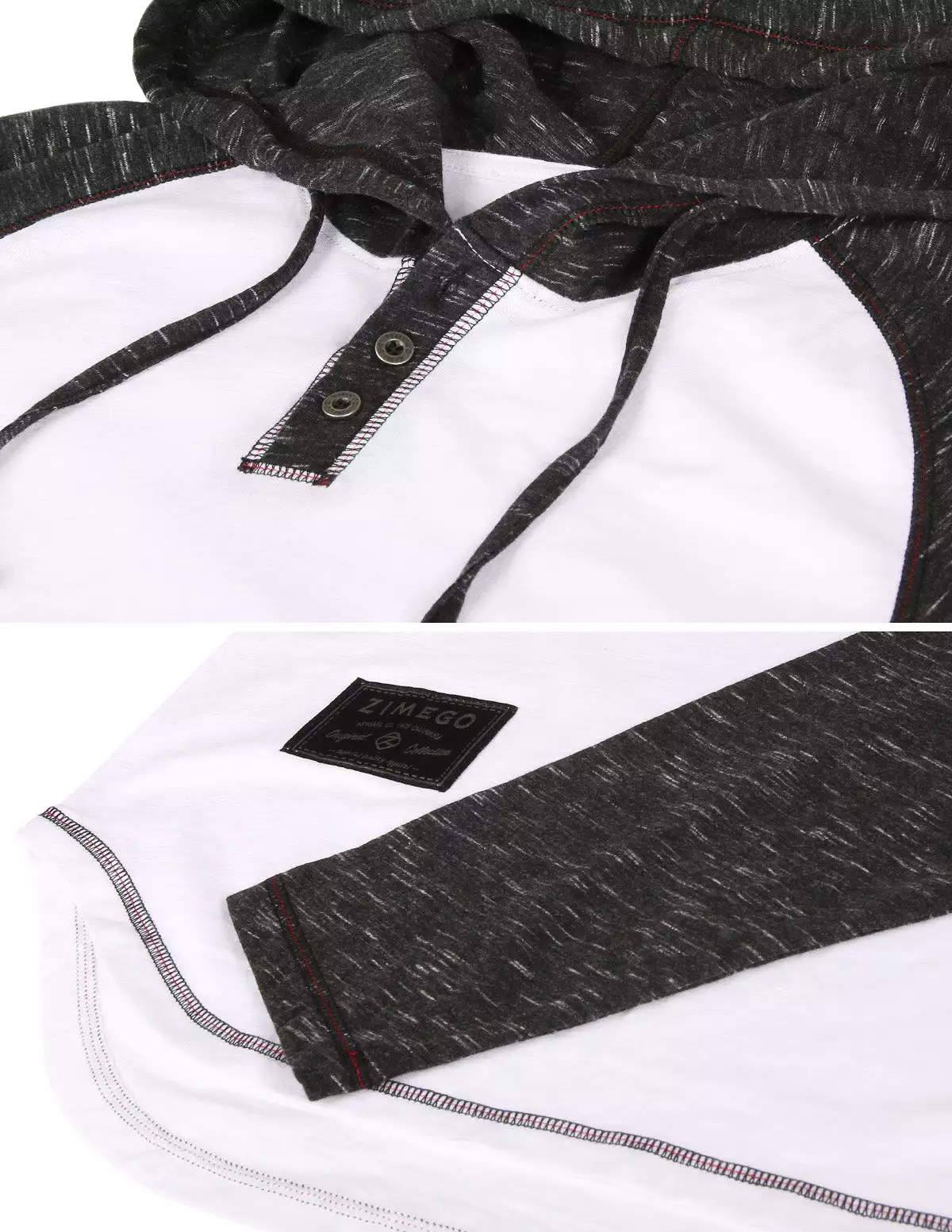 Long Sleeve Raglan Henley Round Bottom Hood White/Black T-Shirt