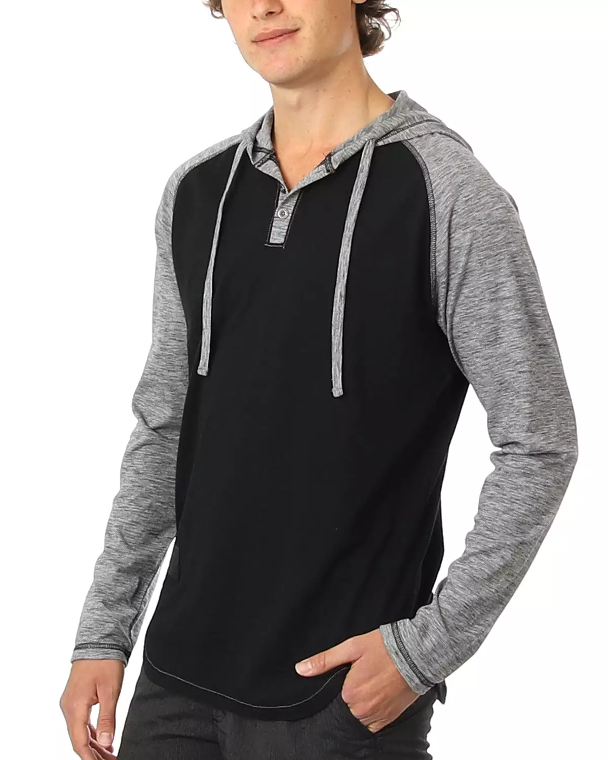 Long Sleeve Raglan Henley Round Bottom Hood White/Black T-Shirt