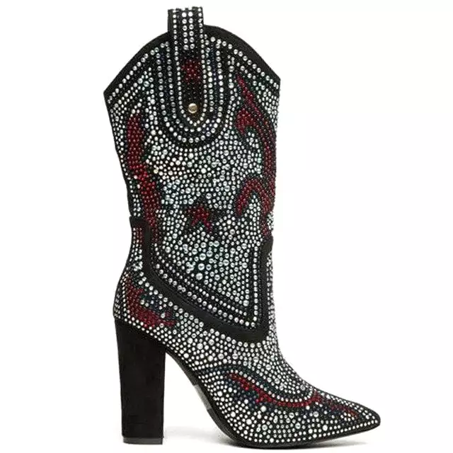 Luxury Rhinestone Studded Mid Calf Cowgirl Boots for Women