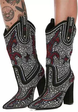 Luxury Rhinestone Studded Mid Calf Cowgirl Boots for Women