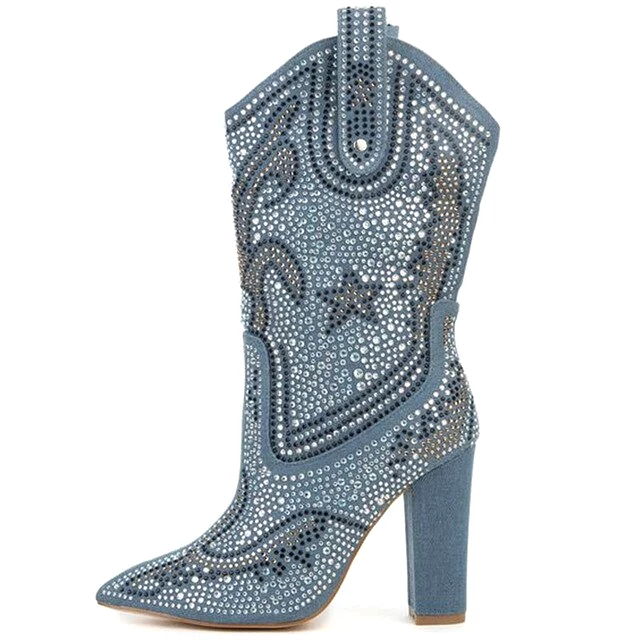 Luxury Rhinestone Studded Mid Calf Cowgirl Boots for Women