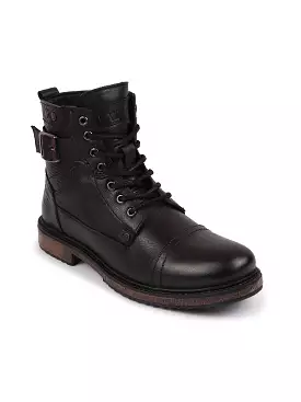 Men's Black High Top Genuine Leather Boots with 7-Eye Lace Up, Buckle Strap, Work Cap Toe, and Winter Flat Styling