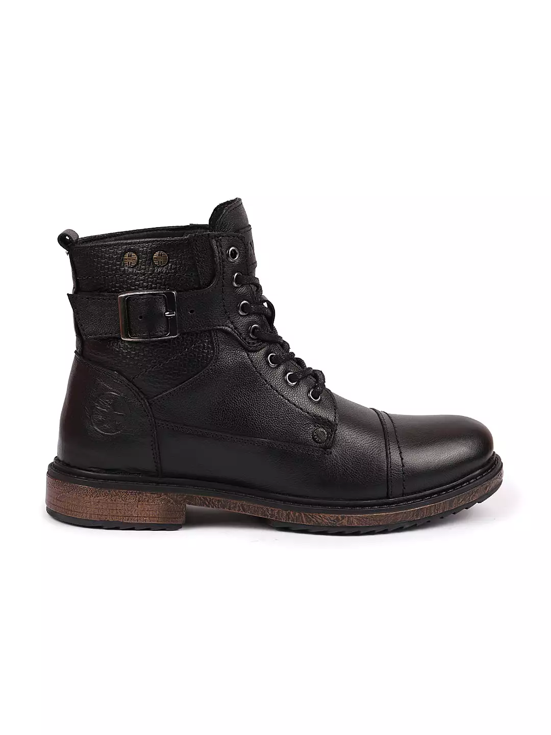 Men's Black High Top Genuine Leather Boots with 7-Eye Lace Up, Buckle Strap, Work Cap Toe, and Winter Flat Styling