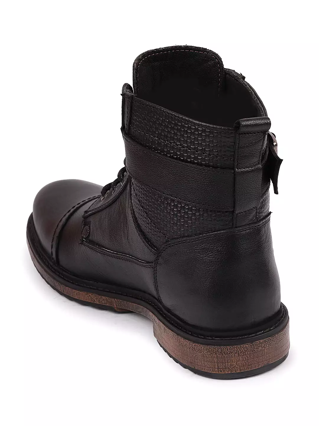 Men's Black High Top Genuine Leather Boots with 7-Eye Lace Up, Buckle Strap, Work Cap Toe, and Winter Flat Styling