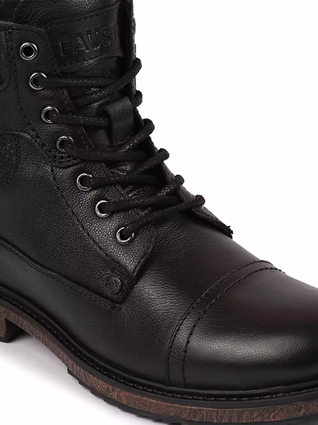 Men's Black High Top Genuine Leather Boots with 7-Eye Lace Up, Buckle Strap, Work Cap Toe, and Winter Flat Styling