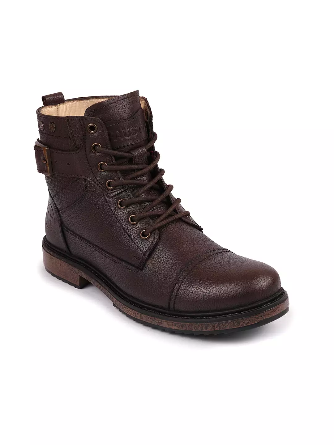 Men's Brown Genuine Leather High Top Winter Flat Boots with 7-Eye Lace Up and Buckle Strap Work Cap Toe