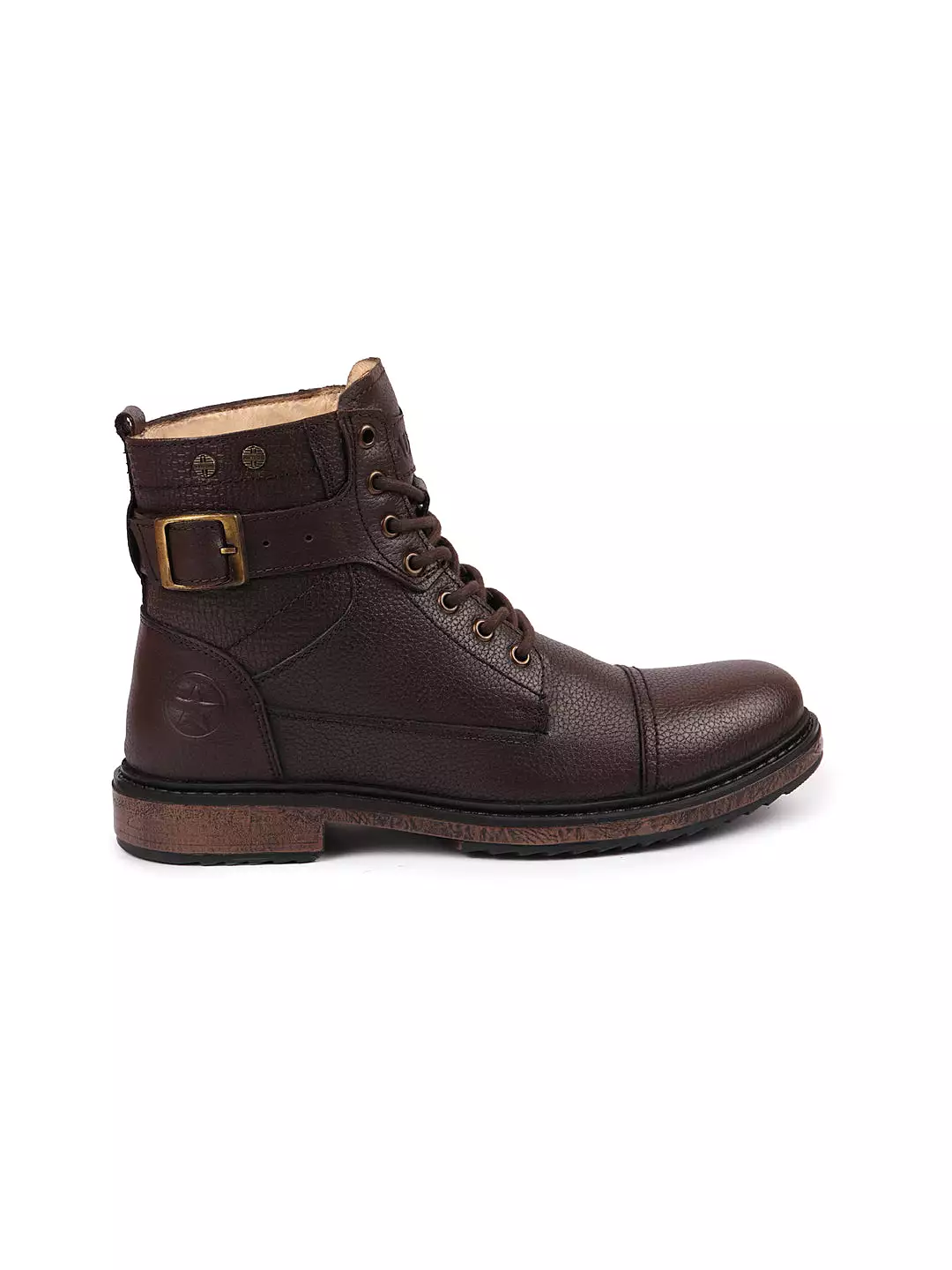 Men's Brown Genuine Leather High Top Winter Flat Boots with 7-Eye Lace Up and Buckle Strap Work Cap Toe