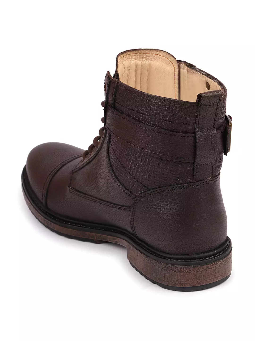 Men's Brown Genuine Leather High Top Winter Flat Boots with 7-Eye Lace Up and Buckle Strap Work Cap Toe