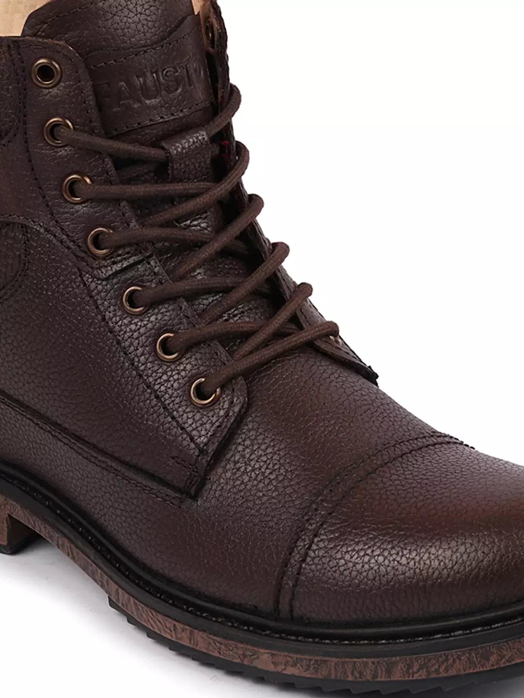 Men's Brown Genuine Leather High Top Winter Flat Boots with 7-Eye Lace Up and Buckle Strap Work Cap Toe