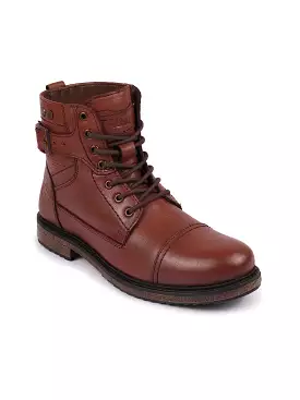 Men's Genuine Leather High Top Work Boots with 7-Eye Lace Up, Buckle Strap, Cap Toe, and Winter Flat Design.