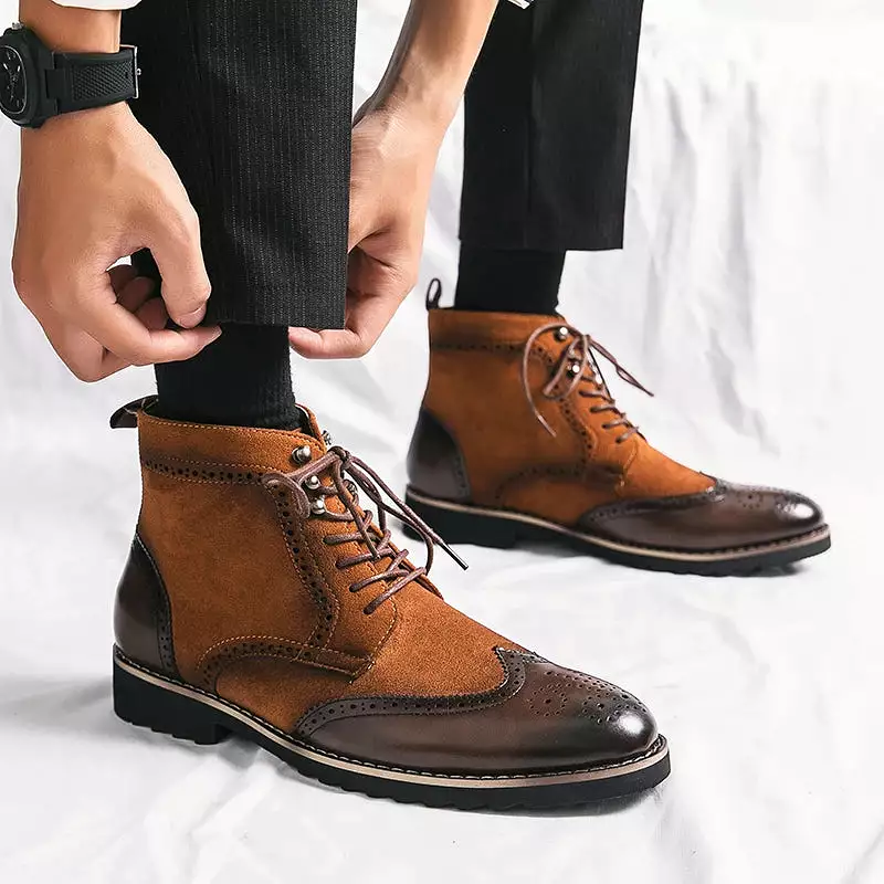 Men's Retro Boots Brown Flock Lace-up Shoes by Ashore Shop