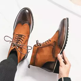 Men's Retro Boots Brown Flock Lace-up Shoes by Ashore Shop