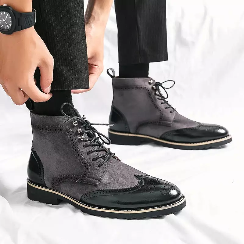 Men's Retro Boots Brown Flock Lace-up Shoes by Ashore Shop