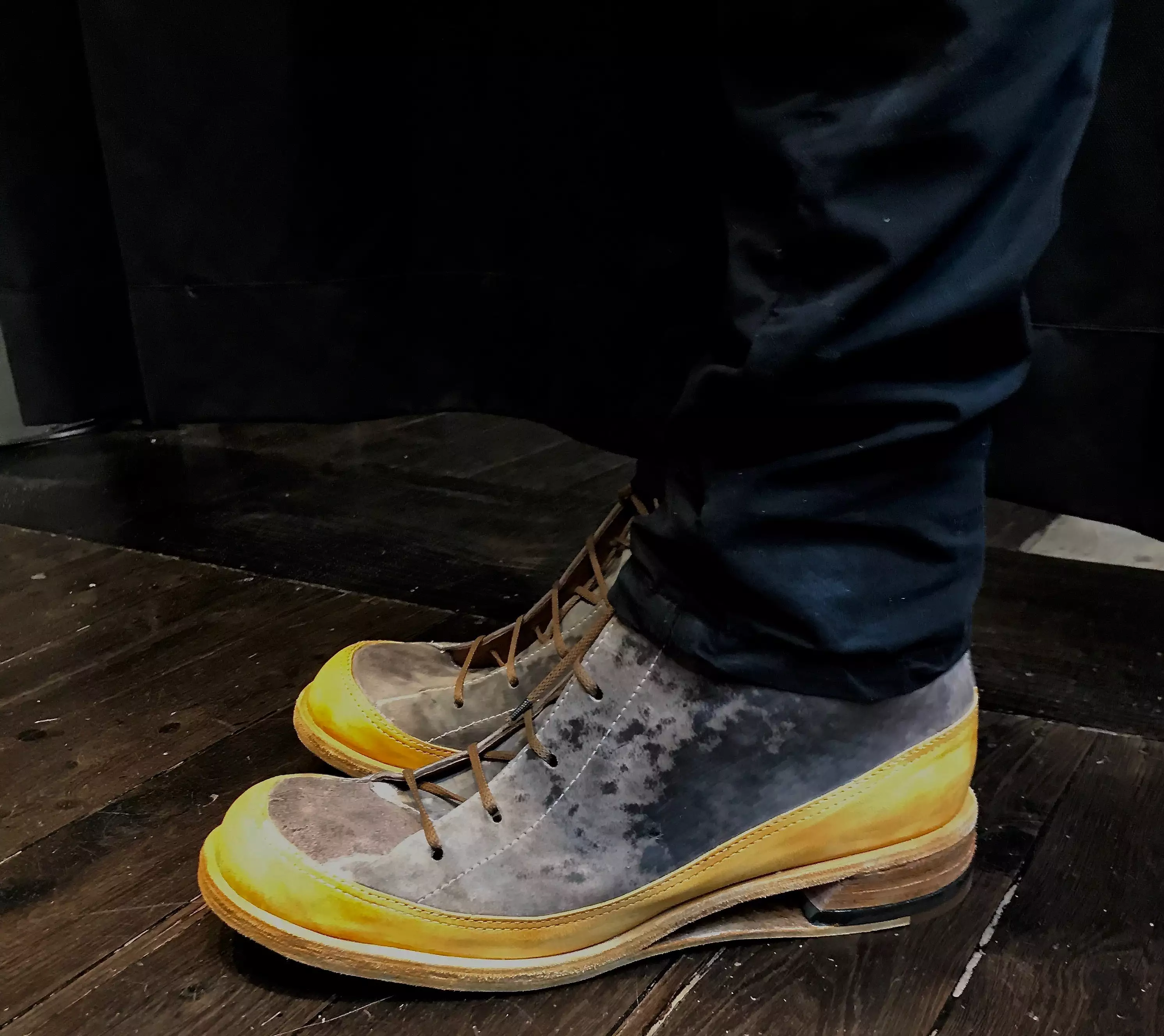 Mustard and brown sneaker boot with hollow wedge