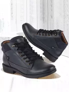 Navy blue leather lace-up boots for men - mid-top boots.