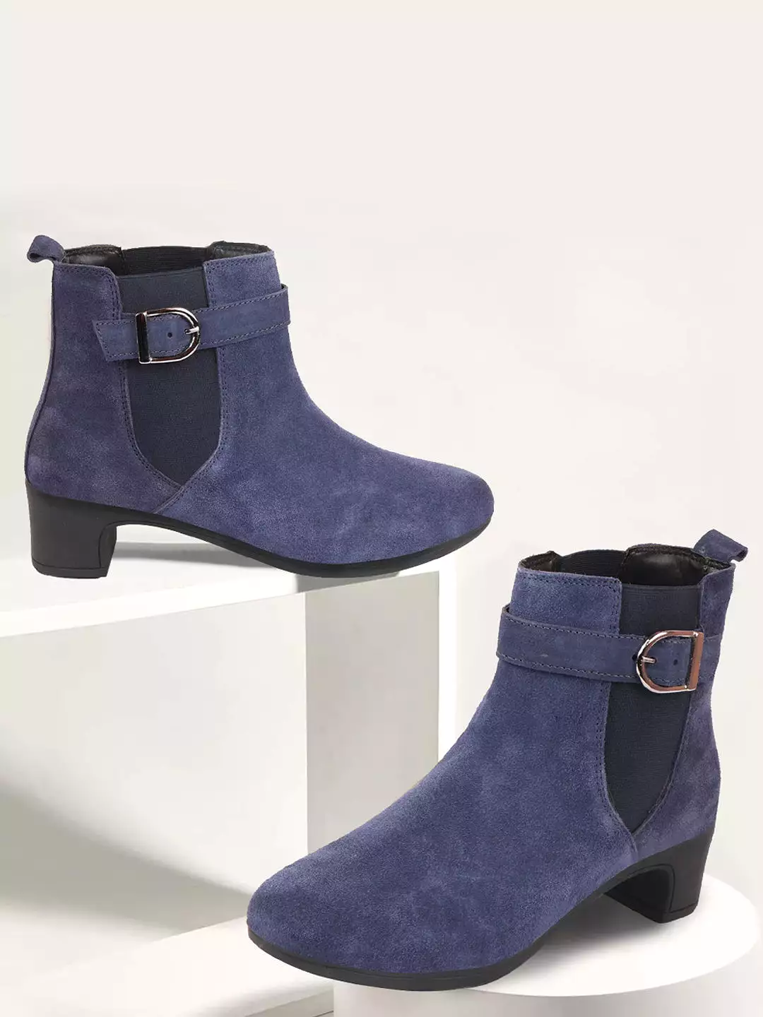 Navy Flared Heel High Ankle Suede Leather Winter Buckle Strap Chelsea Boots for Women