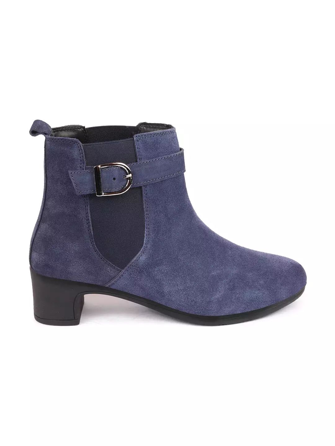 Navy Flared Heel High Ankle Suede Leather Winter Buckle Strap Chelsea Boots for Women