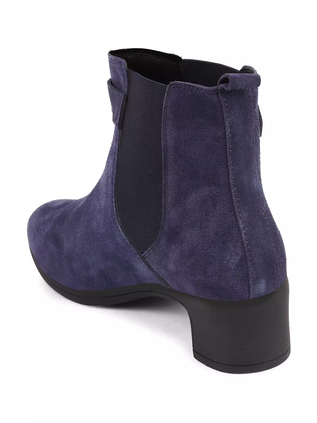 Navy Flared Heel High Ankle Suede Leather Winter Buckle Strap Chelsea Boots for Women