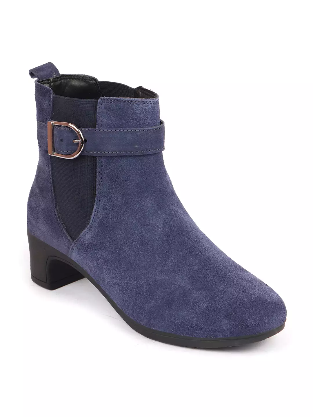 Navy Flared Heel High Ankle Suede Leather Winter Buckle Strap Chelsea Boots for Women