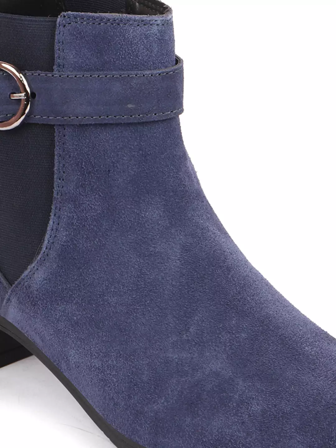 Navy Flared Heel High Ankle Suede Leather Winter Buckle Strap Chelsea Boots for Women