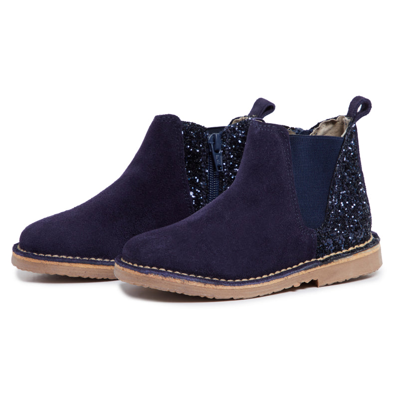 Navy Glitter Suede Chelsea Boots.