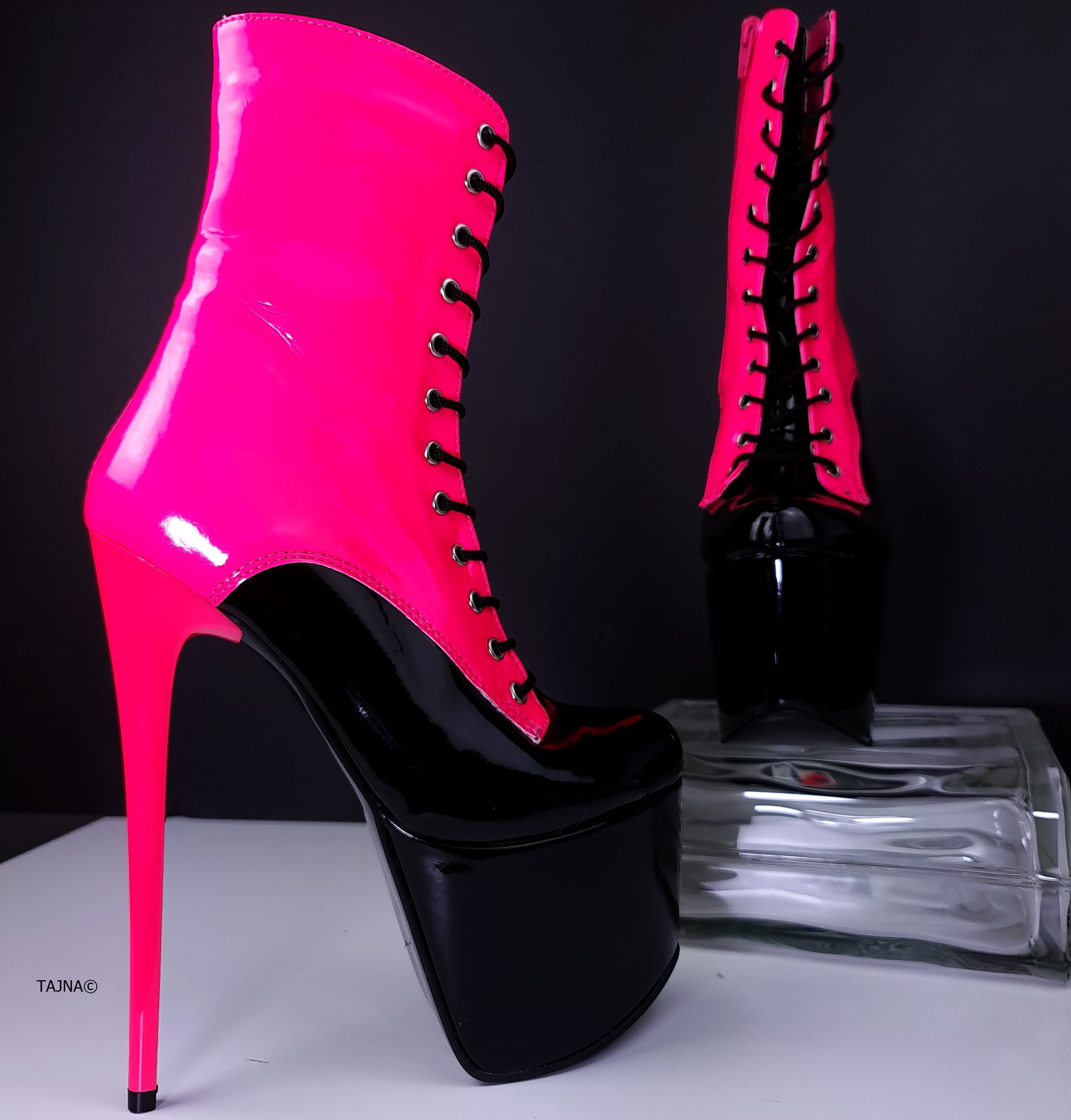 Neon Pink Black Lace Up Boots