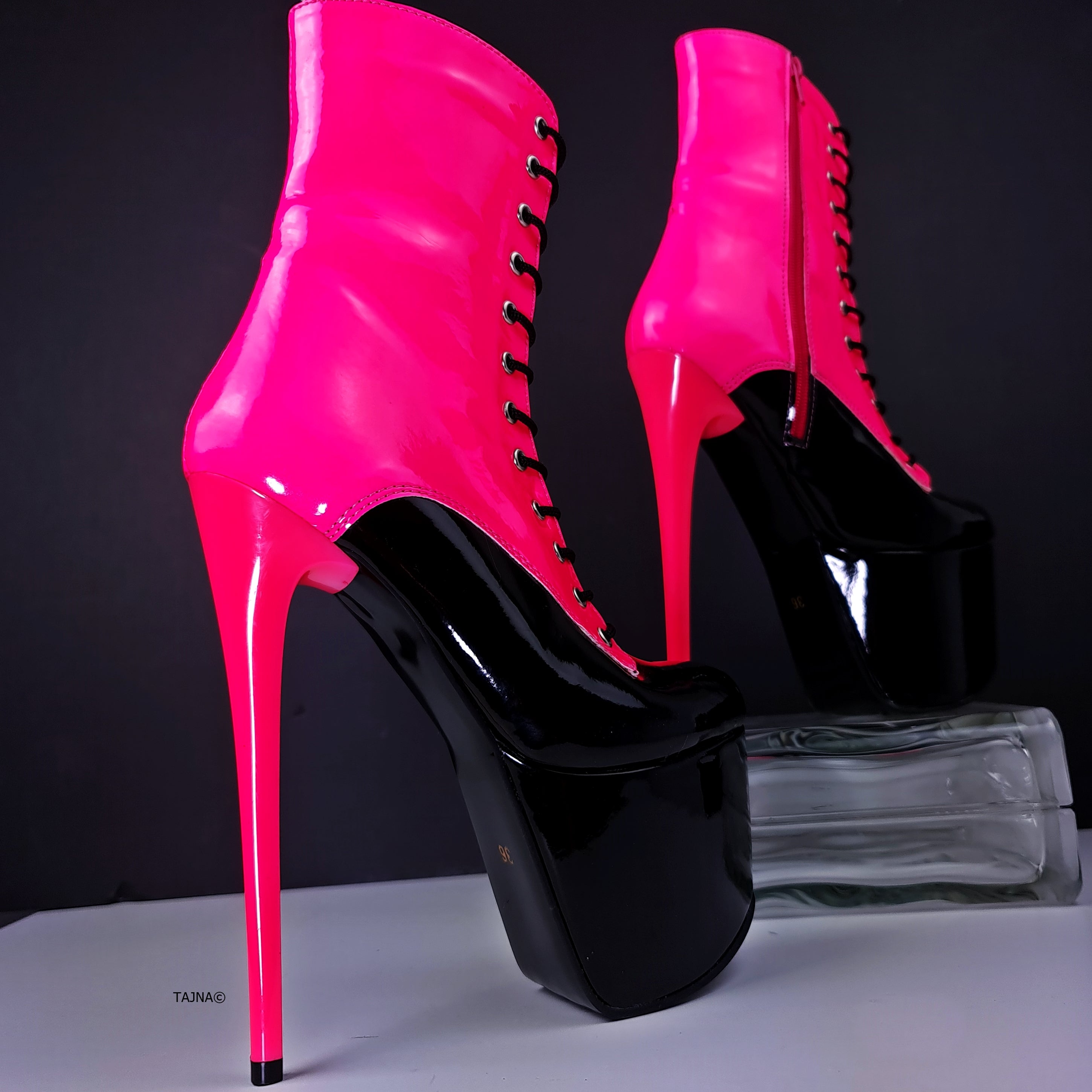 Neon Pink Black Lace Up Boots