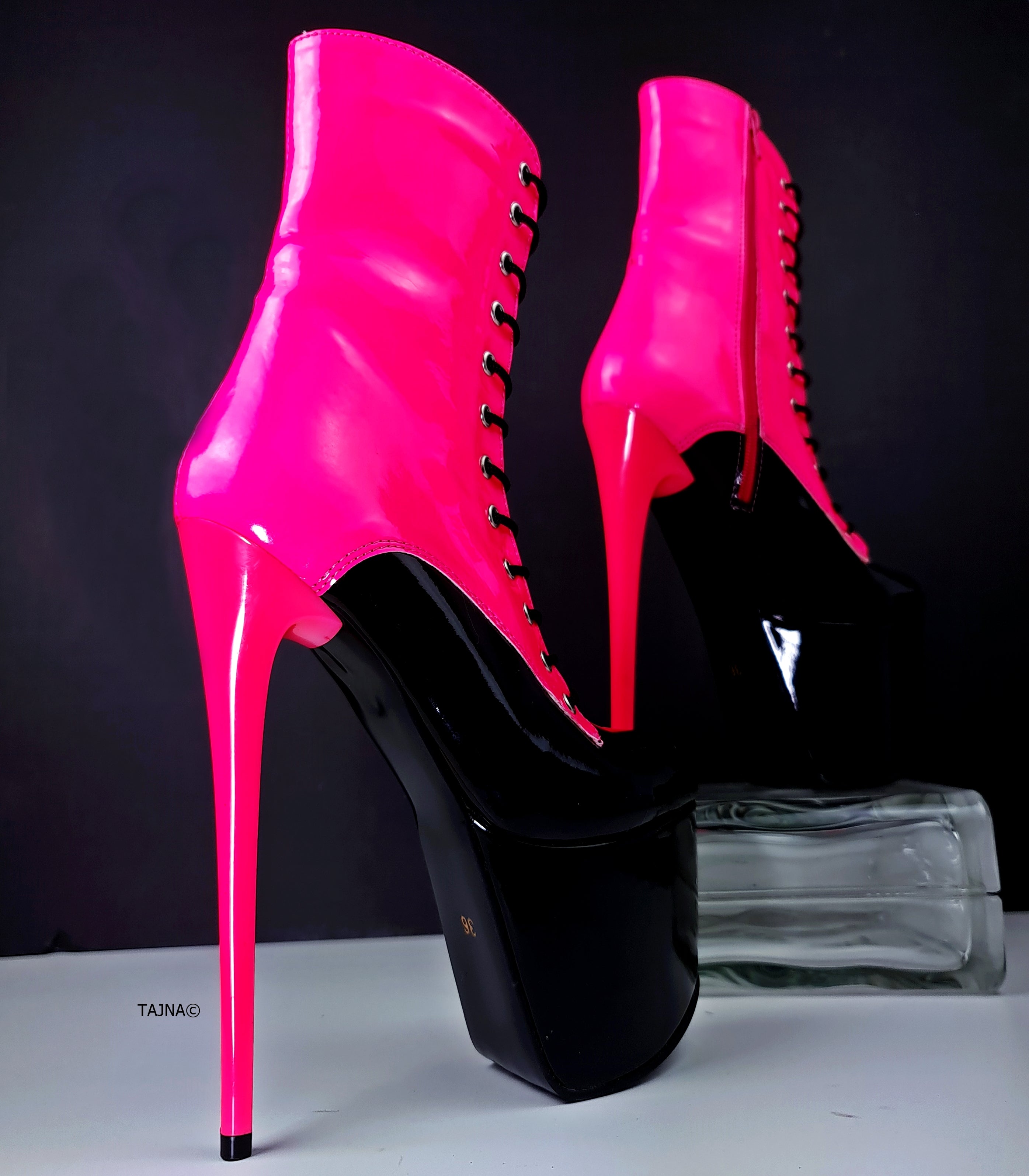 Neon Pink Black Lace Up Boots