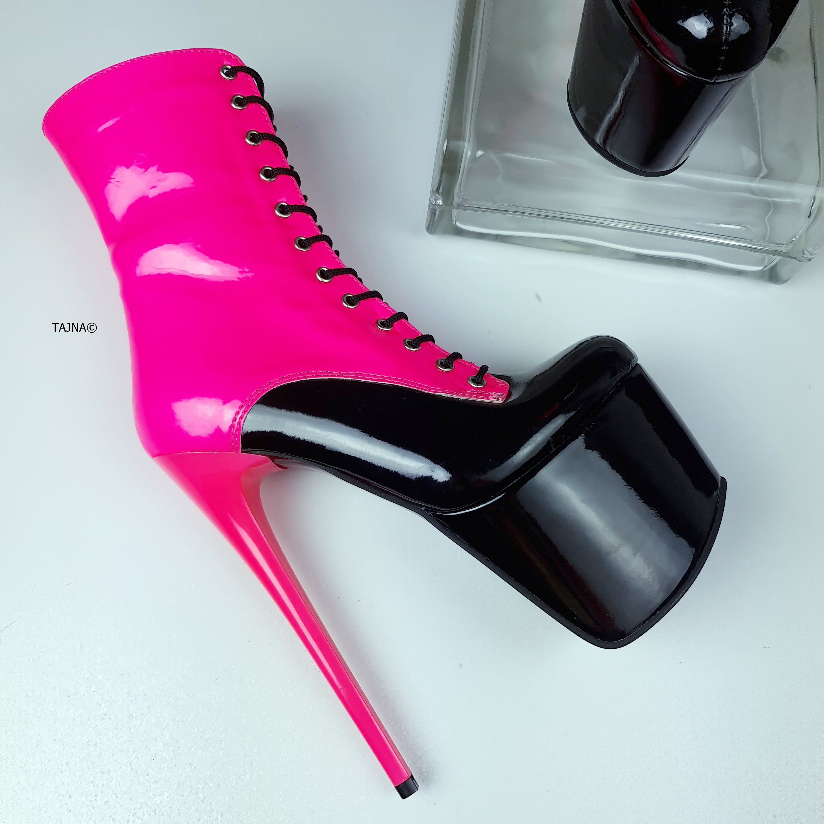 Neon Pink Black Lace Up Boots