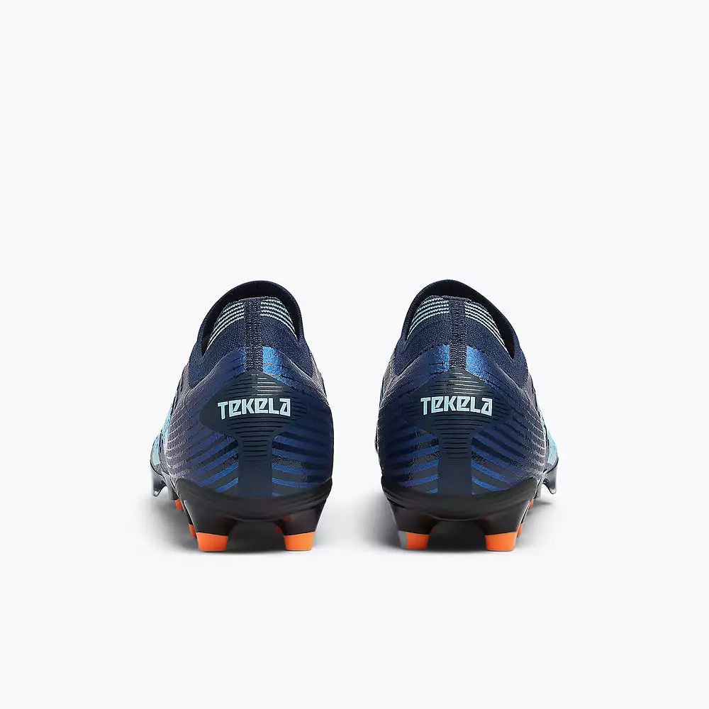 New Balance Tekela Pro Low V4+ FG Football Boots, Navy/Sky Blue/Hot Mango.