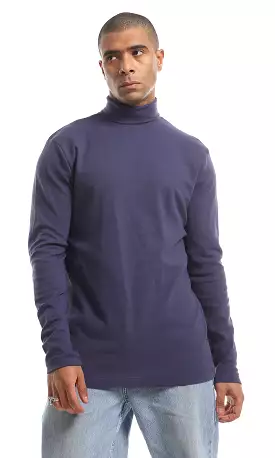 O159799 Navy Blue High Neck Long Sleeved Cotton T-Shirt