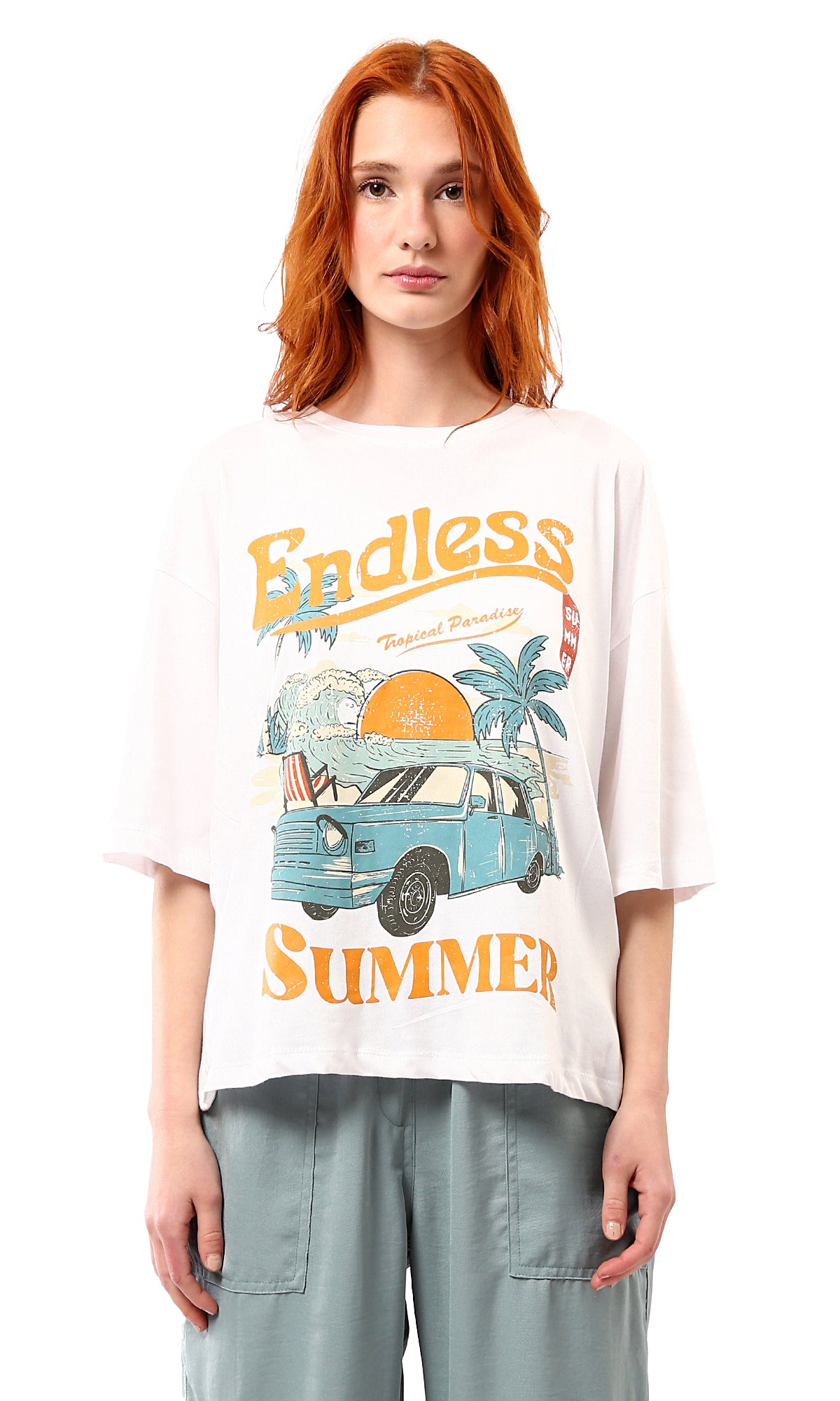 O178794 Elbow Sleeves White Tee - Endless Summer Print