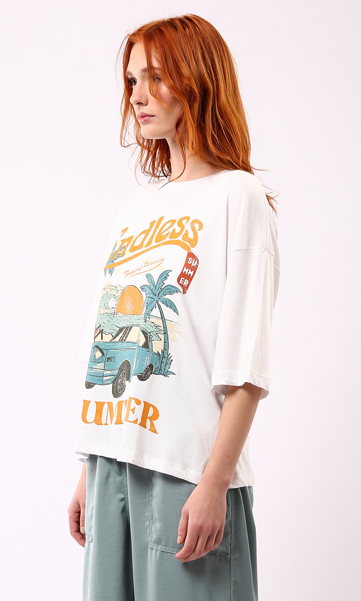 O178794 Elbow Sleeves White Tee - Endless Summer Print