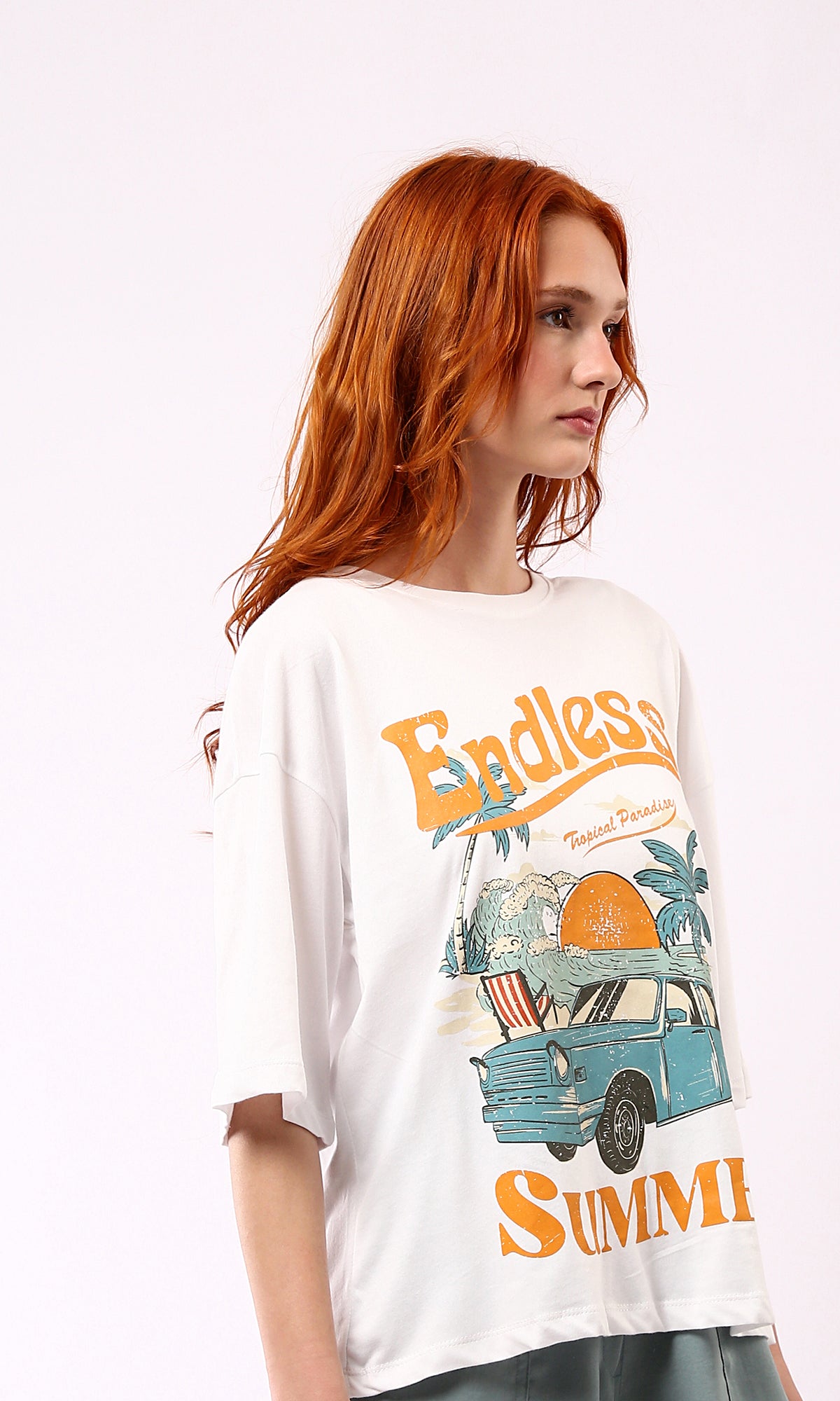 O178794 Elbow Sleeves White Tee - Endless Summer Print