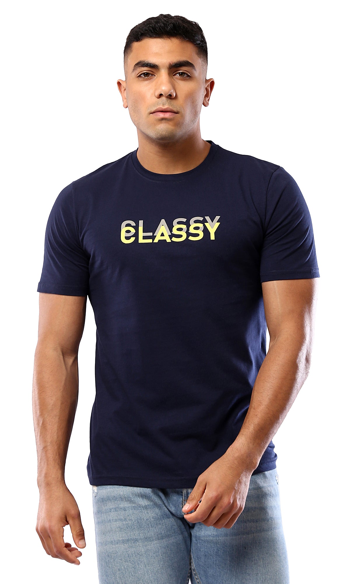 O179016 - Navy Blue - Classy - Printed - Casual Tee