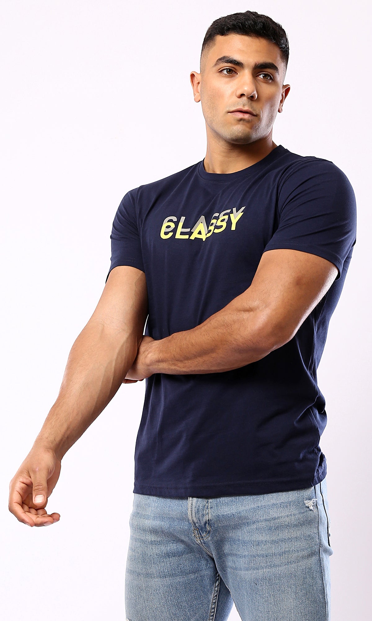 O179016 - Navy Blue - Classy - Printed - Casual Tee