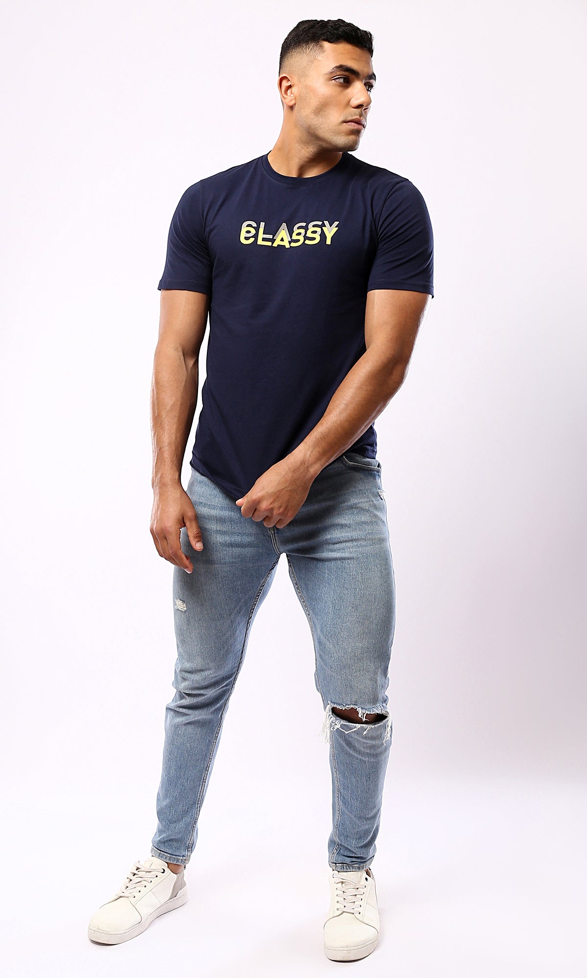 O179016 - Navy Blue - Classy - Printed - Casual Tee