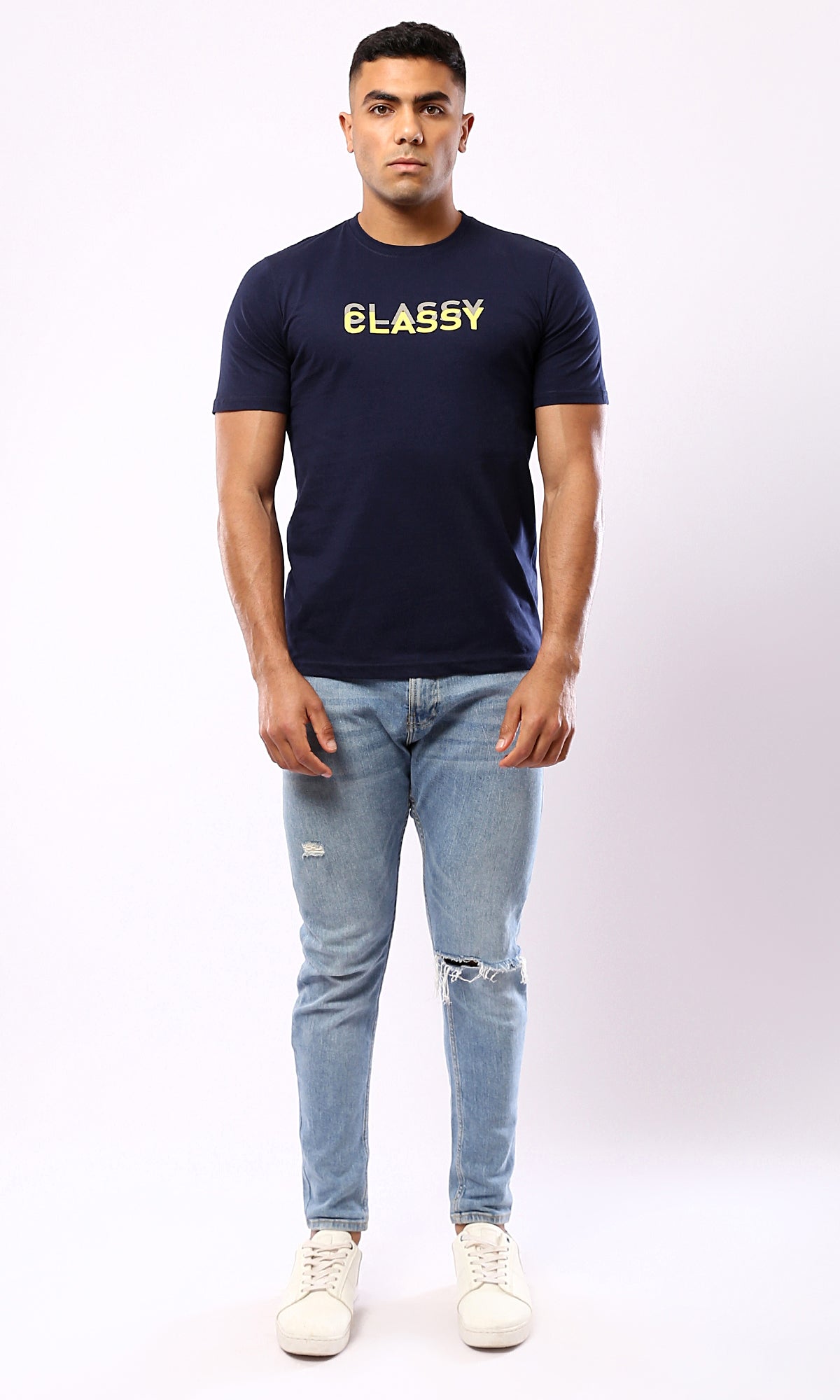 O179016 - Navy Blue - Classy - Printed - Casual Tee