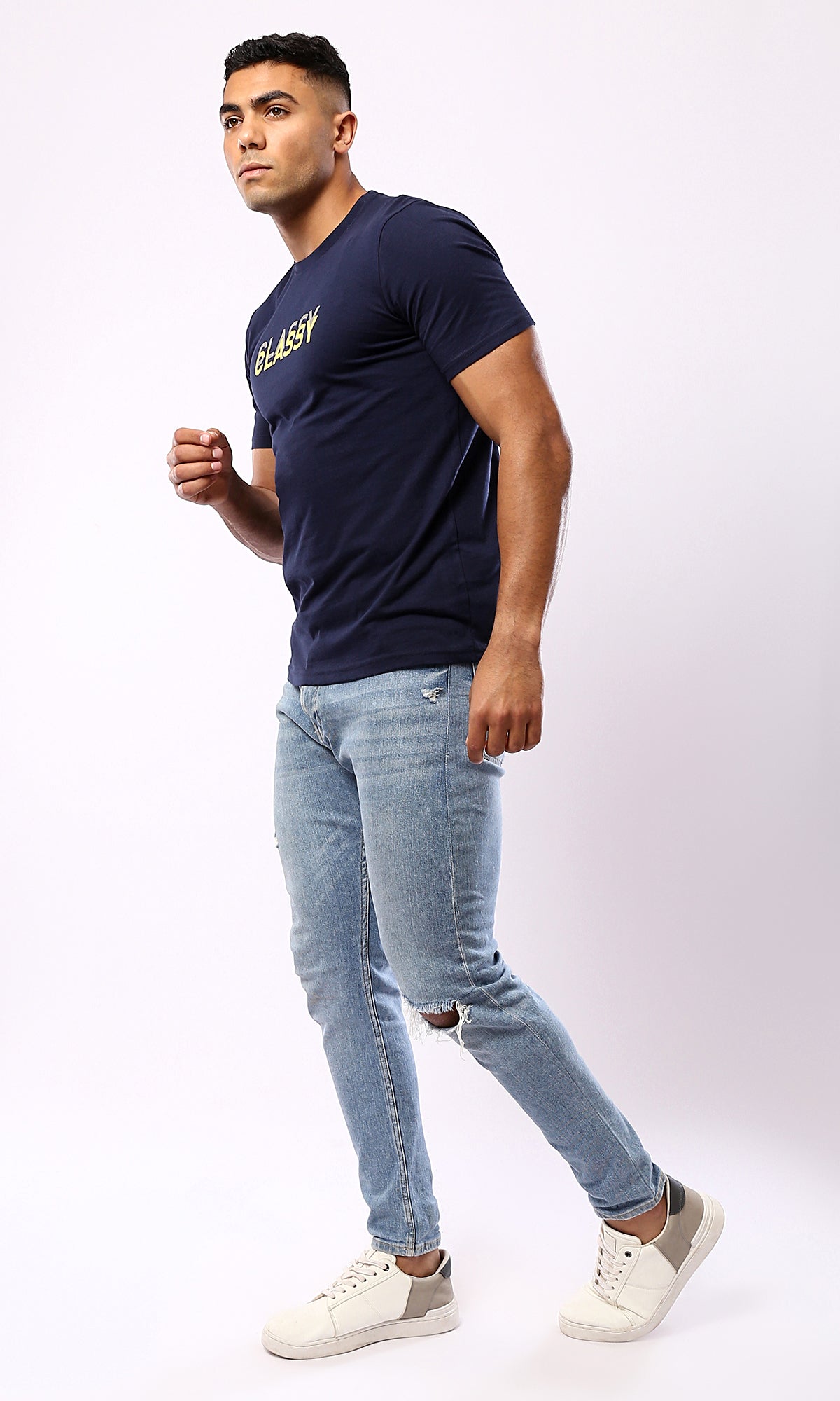 O179016 - Navy Blue - Classy - Printed - Casual Tee