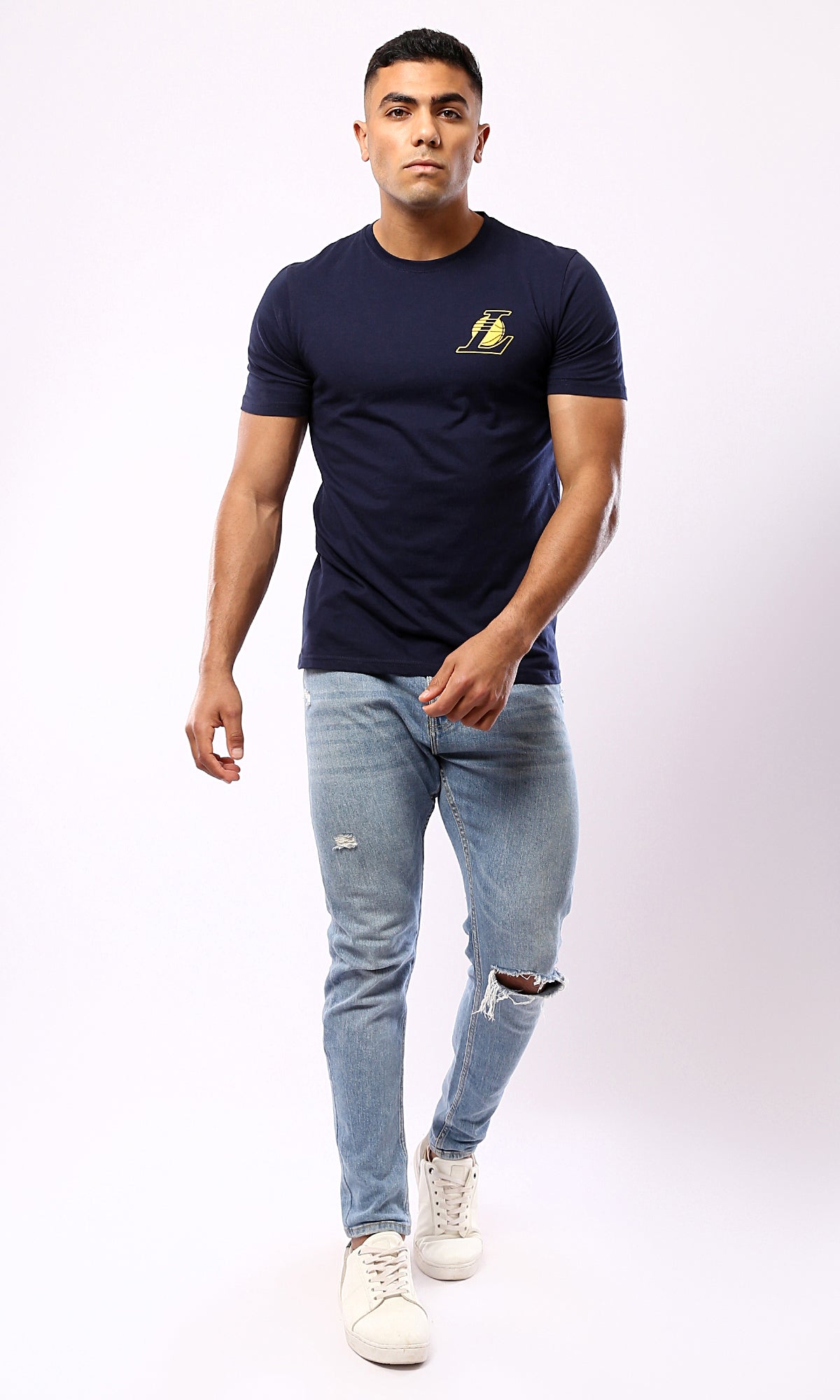 O179017 Navy Blue Short Sleeves Cotton Tee with Front & Back Print