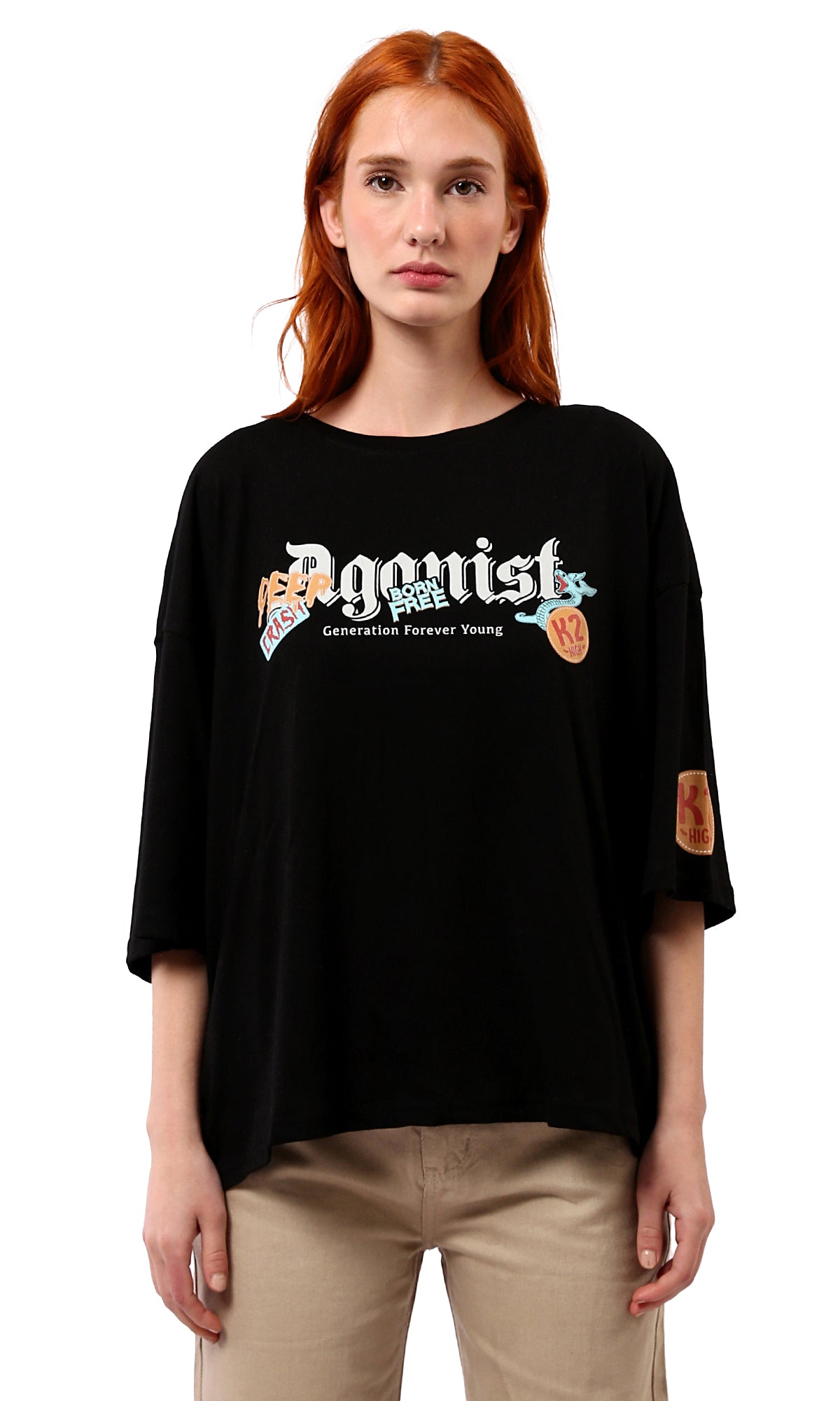 O179806 Black Elbow Sleeves Relaxed Tee