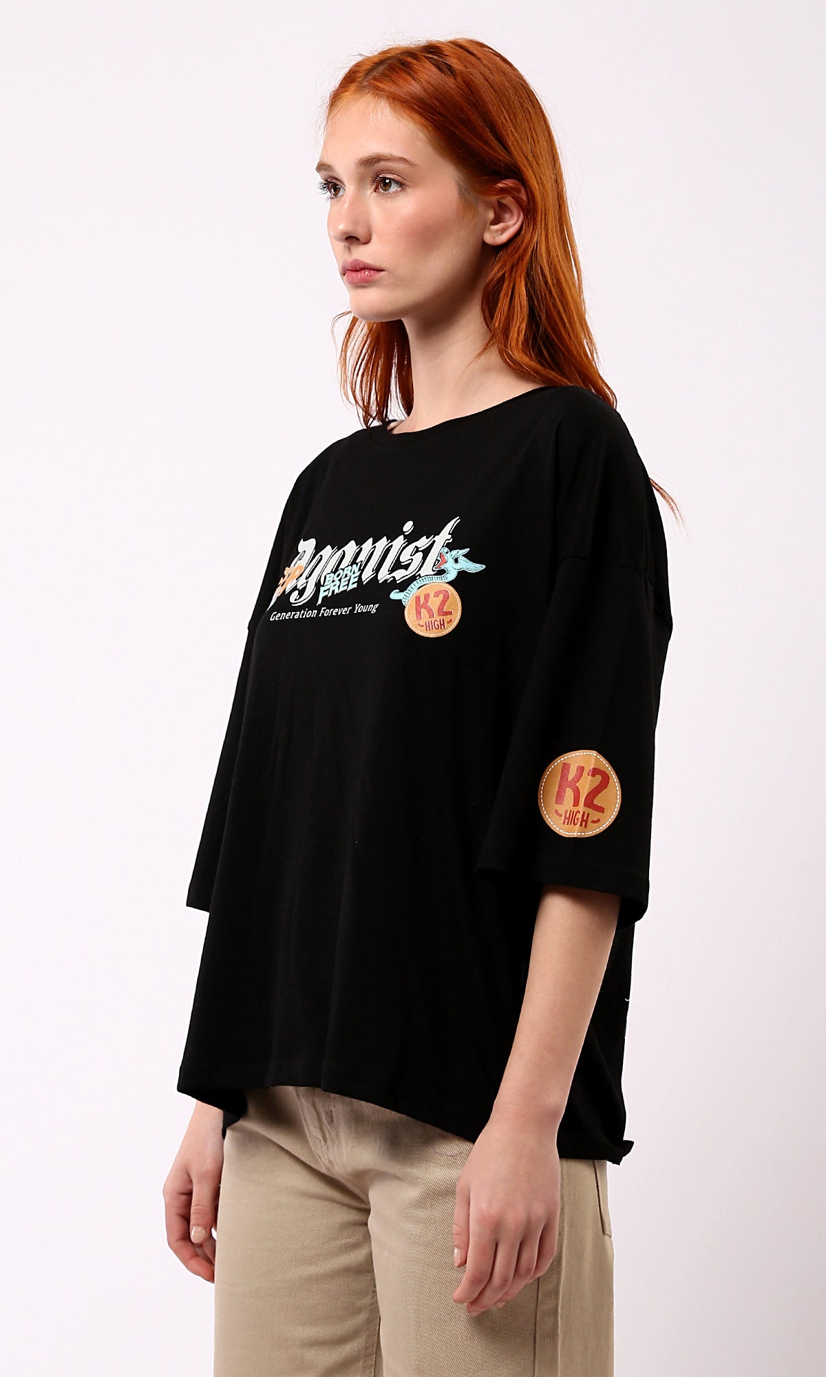 O179806 Black Elbow Sleeves Relaxed Tee