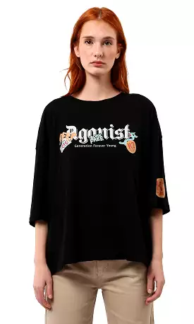 O179806 Black Elbow Sleeves Relaxed Tee